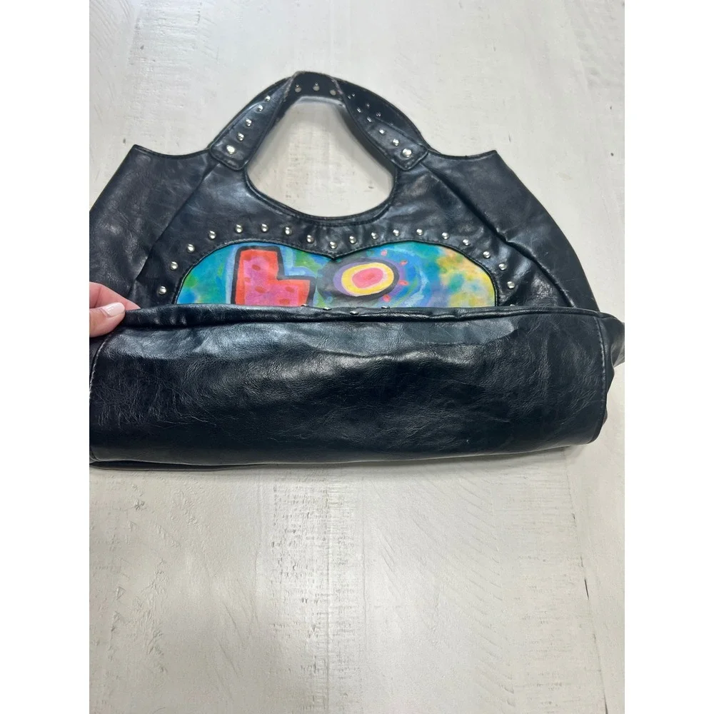Y2K Susan Nichole Padilla Art Love Heart Studded Black Faux Leather Boho Handbag - Picture 2 of 8